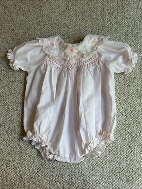 Vintage Carriage Boutique Light Pink Smocked Baby Romper with Embroidered Collar